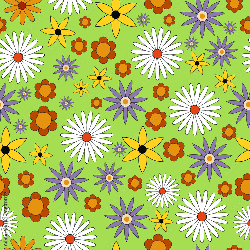 Seamless pattern with flowers. Retro pattern in 70s style. Vector. Seamless pattern with flowers. Retro pattern in 70s style. Vector.