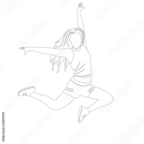 woman jumping sketch, outline on white background isolated