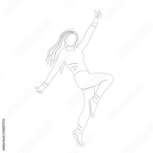 woman jumping sketch, outline on white background isolated, vector