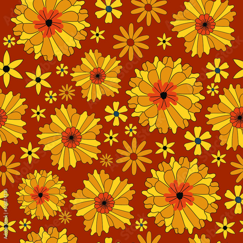 Seamless pattern with flowers. Retro pattern in 70s style. Vector.