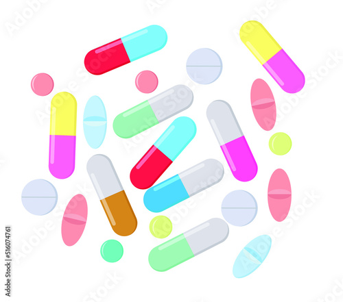 Vector of set of pills, drugs, medicine, vitamines. Pharmaceutical antibiotics, prescription.
