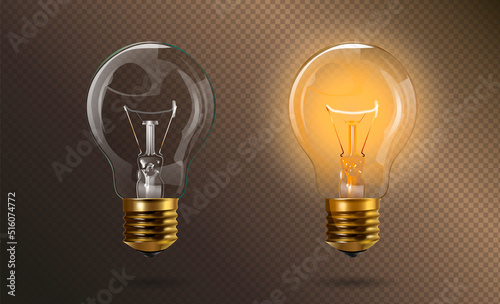 Retro transparent electric edison light bulb with a gold base in switched on and off position. Realistic 3d style. Isolated background. Object for infographics, presentations, web design, poster