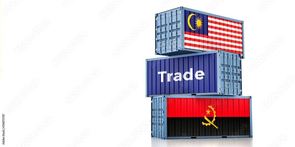 Cargo containers with Malaysia and Angola national flags. 3D Rendering Cargo containers with Malaysia and Angola national flags. 3D Rendering