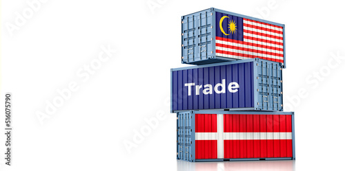 Cargo containers with Malaysia and Denmark national flags. 3D Rendering