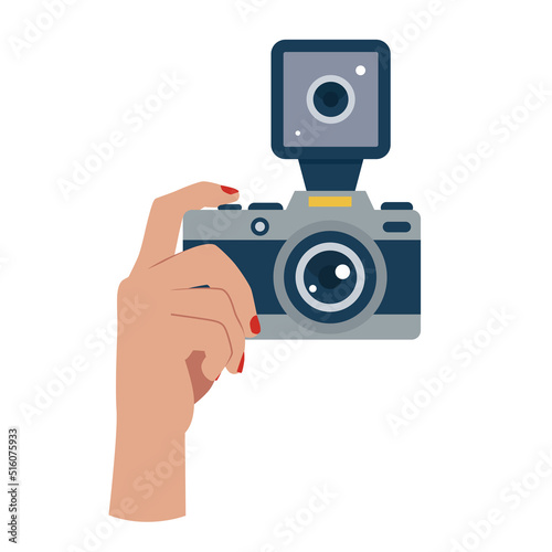 Image of hand with photo camera on empty white background.