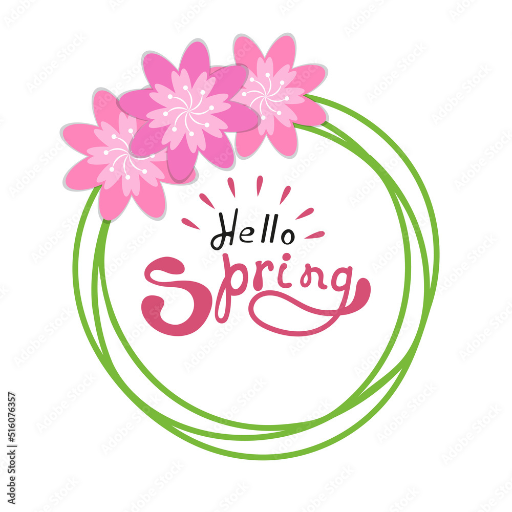 Hello spring flowers wreath. Cute hand drawn green yellow floral element Fresh spring graphic design Vector
