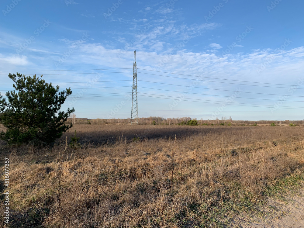 field and power line at autumn eveninng field and power line at autumn eveninng