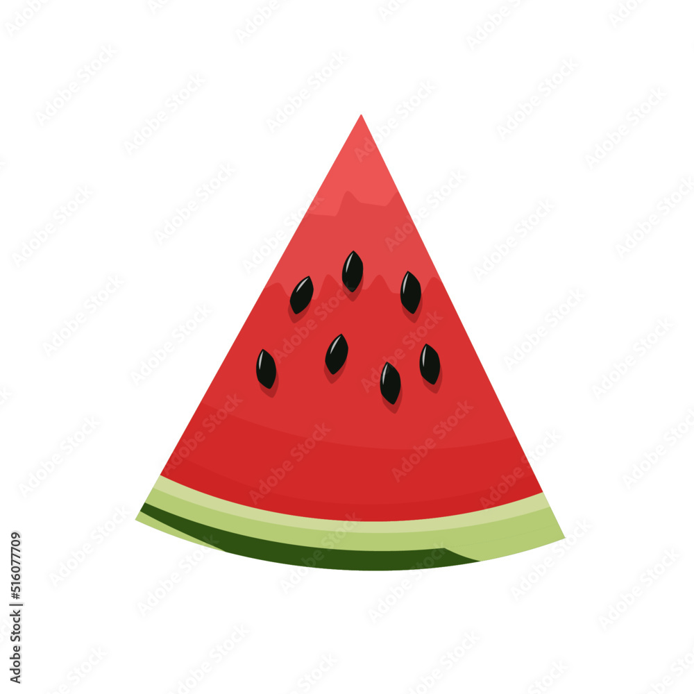 Watermelon slice with black seeds cartoon vector illustration. Isolated watermelon triangle slice on white background. Fruit. Summer