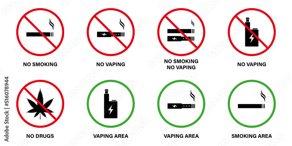 Ban Zone Smoke Drug Electronic Cigarette Nicotine Vaping Set Icon. Notice No Vape Smoke Area Prohibited Pictogram. Allow Smoking Green Sign. Forbidden Smoke Area Sign. Isolated Vector Illustration Ban Zone Smoke Drug Electronic Cigarette Nicotine Vaping Set Icon. Notice No Vape Smoke Area Prohibited Pictogram. Allow Smoking Green Sign. Forbidden Smoke Area Sign. Isolated Vector Illustration