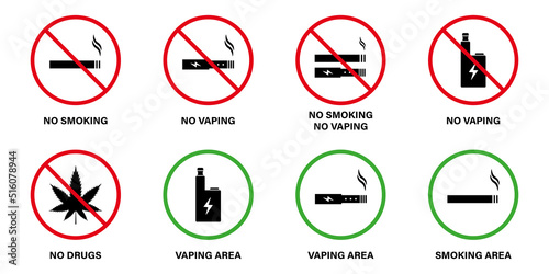 Ban Zone Smoke Drug Electronic Cigarette Nicotine Vaping Set Icon. Notice No Vape Smoke Area Prohibited Pictogram. Allow Smoking Green Sign. Forbidden Smoke Area Sign. Isolated Vector Illustration © Toxa2x2
