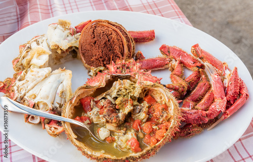 Spider crab (Maja Squinado) cooked and prepared in a ready-to-eat dish in an Asturian restaurant.