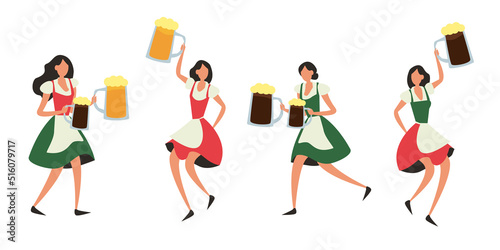 Girls in german traditional costume on Oktoberfest. Oktoberfest characters with huge glasses of beer in hands on a white background. Flat cartoon vector illustration