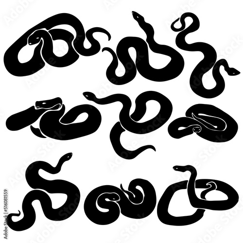 set of silhouettes of snakes, reptiles twisted or crawling