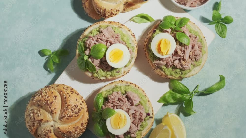 Canned tuna open sandwiches. Buns burgers with canned tuna, boiled egg