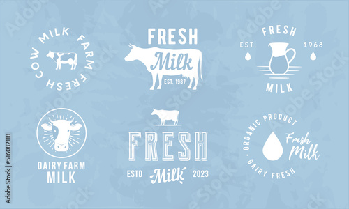 Vintage Milk logo templates and 6 design elements for dairy business. Dairy, milk emblems templates. Cow silhouettes. Vector illustration