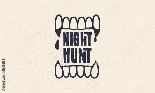 Vampire vintage logo. Halloween emblem with vampire teeth grunge texture. Hipster design. Print for T-shirt. Vector illustration