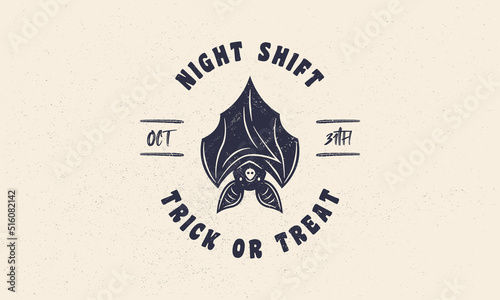Halloween vintage emblem, logo. Sleeping bat emblem with grunge texture. Bat vintage icon. Hipster design. Print for T-shirt. Vector illustration