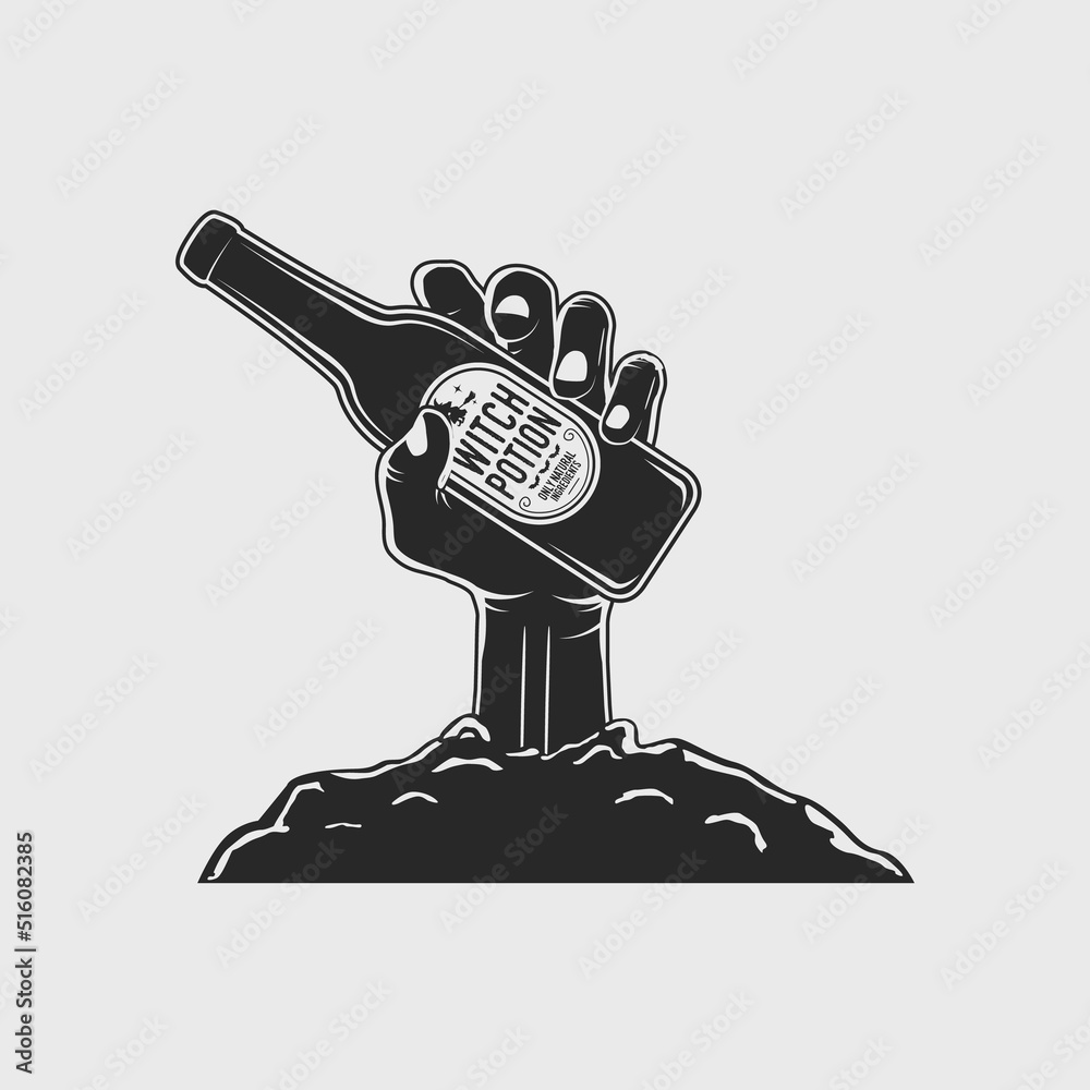 Vintage Halloween party logo. Zombie hand with beer bottle isolated on white background. Vector