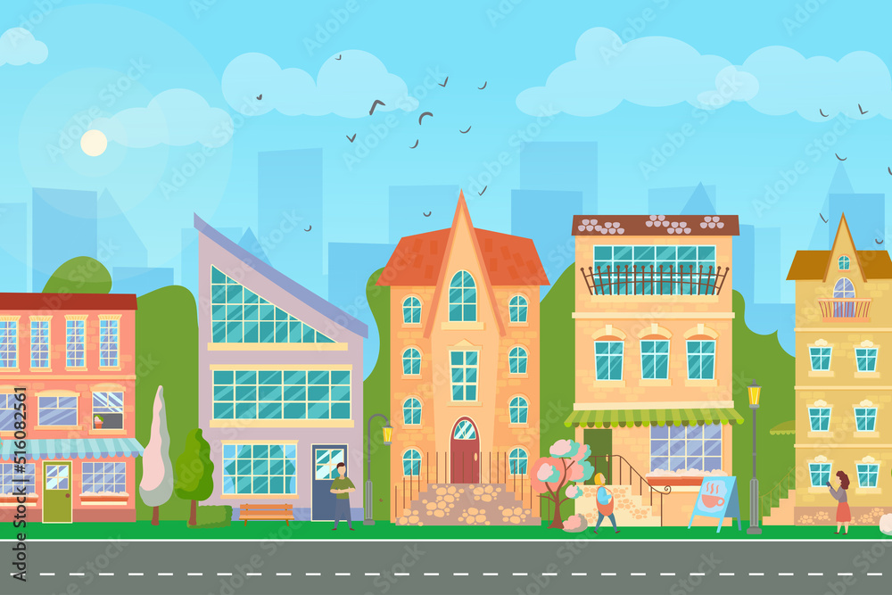 City street. Panoramic cityscape with bright houses, walking pedestrians, flowering trees. Shop and stores. Spring city. Vector illustration in cartoon style.
