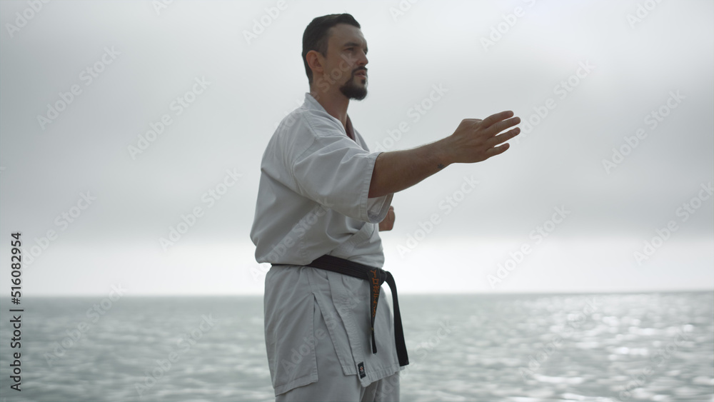 Sportsman practicing hand position training karate near sea. Man learn technique Sportsman practicing hand position training karate near sea. Man learn technique