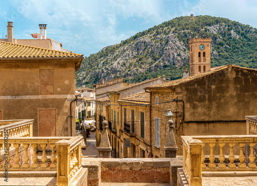 Streets and old architecture of Polensa city, Mallorca island photo