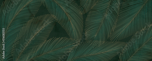 Luxury green art background with palm leaves in gold line hand drawn. Botanical banner with exotic plants for wallpaper design  print  decor  packaging  textile