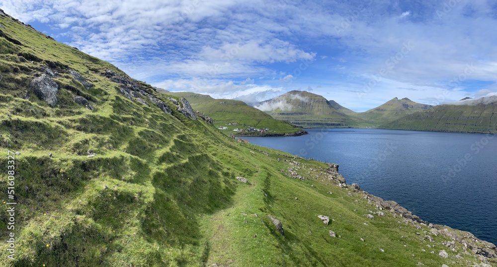 Panoramic view of a fjord of Faroe Islands 