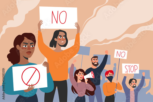 Crowd of diverse people at the protest. Protesting activists with posters and loudspeakers vector flat illustration