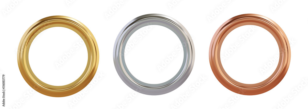 Set of gold, cilver and brass metal grommet rings for paper, card, tag, sticker or hanger isolated on white background. Banner steel or chrome circle realistic eyelet mockup. Vector illustration - obrazy, fototapety, plakaty 