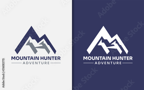 Mountain Hunter Logo Design. Abstract Initial Letter M and H Combination with Modern Minimalist Mountain Shape. Usable For Adventure, Outdoor, Nature Logo Design.
