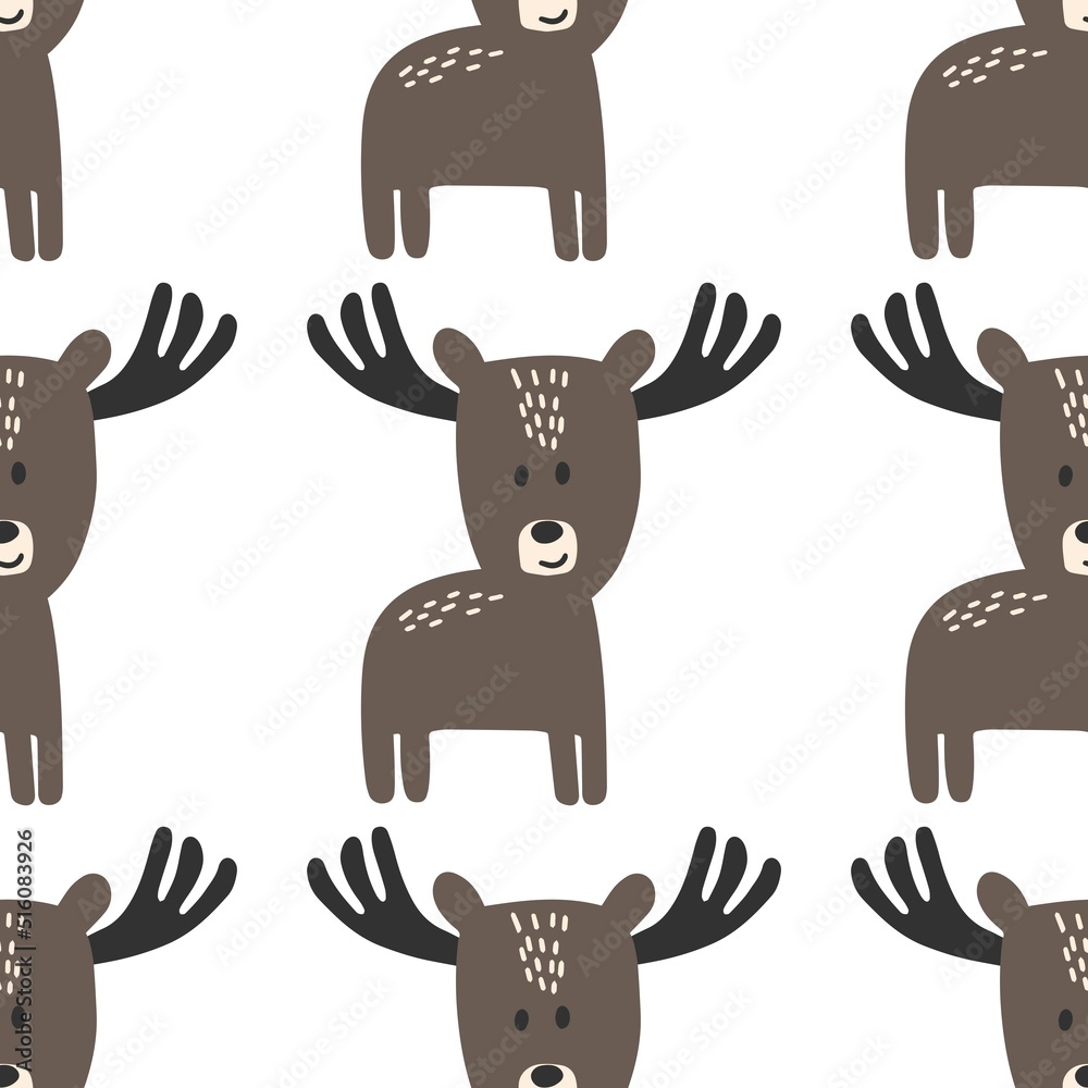 Obraz premium Seamless Scandinavian drawing. Vector children's background with a moose. Design for prints, shirts and posters.