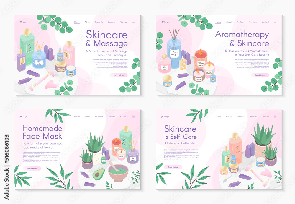 Web page design templates for aromatherapy treatment,skin care tutorial,spa,wellness,massage,cosmetics,self care.Vector illustrations concept for website,mobile website.Landing page layouts. - obrazy, fototapety, plakaty 