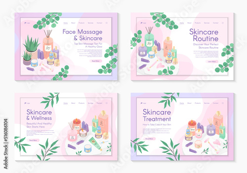 Web page design templates for skin care treatment,face massage tutorial,spa,wellness,natural products,cosmetics,self care.Vector illustration concepts for website, mobile website.Landing page layouts.