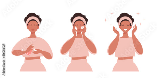 Cute girl does skincare routine. Face cleansing as a step of self care to get healthy glowing skin. Vector illustration isolated on white background. 