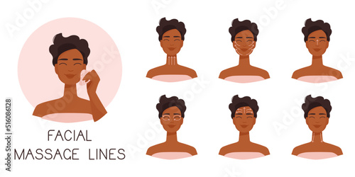 Infographic how to do facial massage with pink rose quartz gua sha. Set of woman portrait with massage lines scheme. Vector illustration of relaxation anti age treatment.