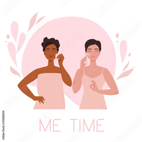 Love yourself and your body concept. Cute multi ethnic girls taking time for beauty routine and massage. Importance of healthy self care. Vector illustration isolated on white background. 