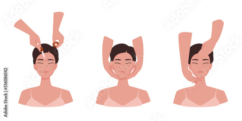 Cute girl has facial massage and beauty procedures in a spa salon. Top view of face and hands. Healthcare and skincare infographics. Vector illustration isolated on white background. 