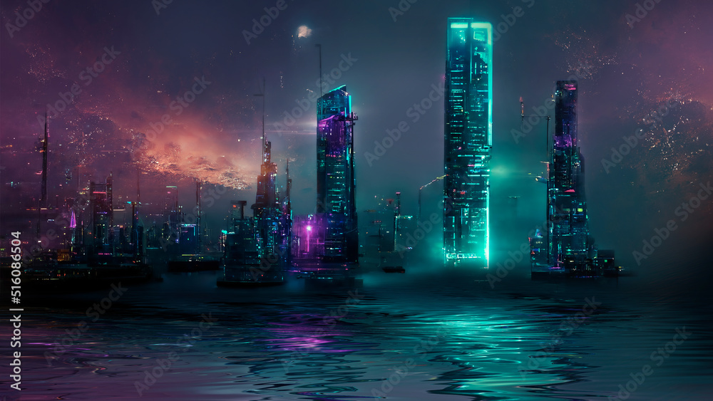 Night city, neon lights of the metropolis. Reflection of neon lights in the water. Modern city