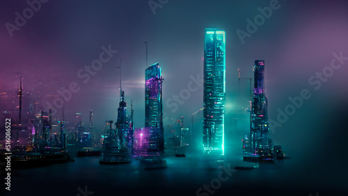 Night city  neon lights of the metropolis. Reflection of neon lights in the water. Modern city with high-rise buildings. Night street scene  city on the ocean. 3D illustration.