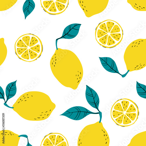 Tropical seamless pattern with yellow lemons and lemon slices. Hand drawn lemons pattern on white background. for fabric, drawing labels, print, wallpaper of children's room, fruit background