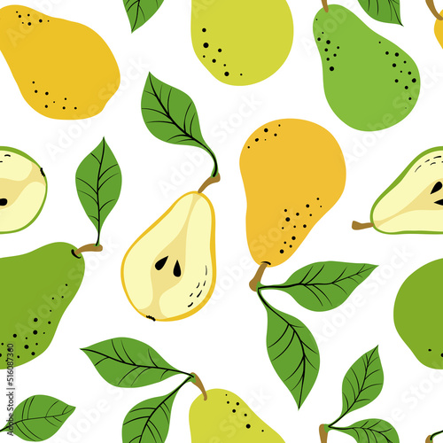 Seamless pattern with yellow and green pears and pear slices. Hand drawn pears pattern on white background. for fabric, drawing labels, print, wallpaper of children's room, fruit background