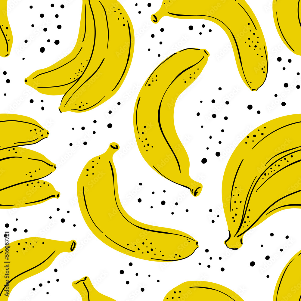 Tropical seamless pattern with yellow fruits banana. Hand drawn simple bananas pattern on white background. for fabric, drawing labels, print, wallpaper of children's room, fruit background