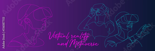 Continuous one line drawing Man or woman in glasses device virtual reality or VR. Metaverse with cyberpunk theme