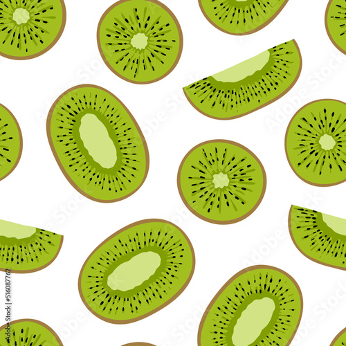 Tropical seamless pattern with green kiwi and kiwi slices. Hand drawn fruits kiwi pattern on white background. for fabric, drawing labels, print, wallpaper of children's room, fruits background
