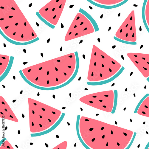 Seamless pattern with pink watermelons and watermelon slices. Hand drawn watermelon pattern on white background. for fabric, drawing labels, print, wallpaper of children's room, fruits background