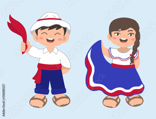 VECTORS. Cute kids dressed with Costa Rica traditional clothing, chonete hat, flag colors, civic holiday, patriotic