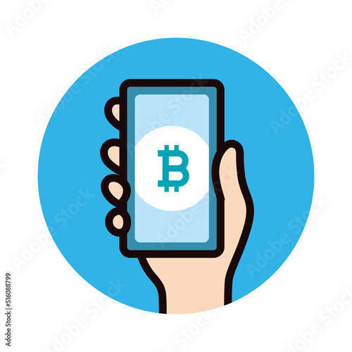 アイコン_スマホ_手_マーク_ビットコイン_青バック_丸