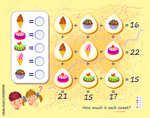 Mathematical logic puzzle game for smartest. How much is each sweet? Solve examples and write the numbers. Find solution for all equations. Brain teaser book. Count and play. Online education.