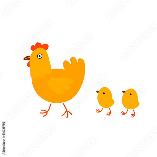 Happy mother hen walking with her cute little chicks . Cartoon vector illustration isolated on white background. Can be used for farming, aviculture business.