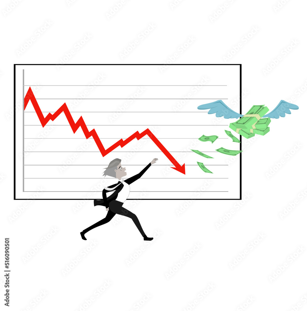 Vector Business man and dollar concept.Men wearing a suit is running to grab banknotes.
flying away .Red graph arrow pointing down means investors are losing money.investment on isolated background. Vector Business man and dollar concept.Men wearing a suit is running to grab banknotes.
flying away .Red graph arrow pointing down means investors are losing money.investment on isolated background.